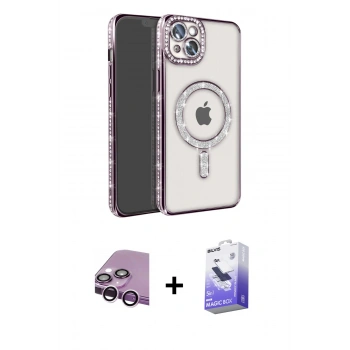 MARSİLYAN™- iPhone 14 Kılıf Zirve Doku Prime - Siyah Bilvis 5in1 5D Magic Hayalet Cam Ekran Koruyucu + Raze Metal Kamera Lens - MR