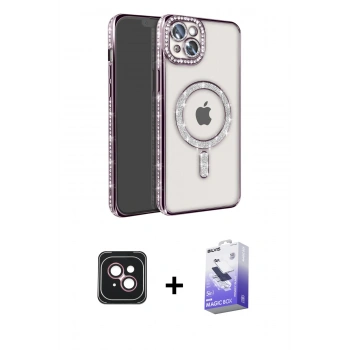 MARSİLYAN™- iPhone 14 Kılıf Zirve Doku Prime - Siyah Bilvis 5in1 5D Magic Hayalet Cam Ekran Koruyucu + PVD Metal Kamera Lens - PE