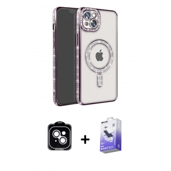MARSİLYAN™- iPhone 14 Kılıf Zirve Doku Prime - Siyah Bilvis 5in1 5D Magic Hayalet Cam Ekran Koruyucu + PVD Metal Kamera Lens - GS