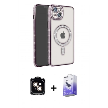 MARSİLYAN™- iPhone 14 Kılıf Zirve Doku Prime - Siyah Bilvis 5in1 5D Magic Hayalet Cam Ekran Koruyucu + PVD Metal Kamera Lens - TU