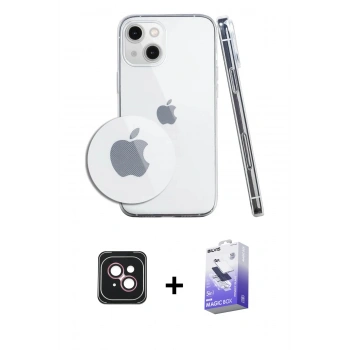 MARSİLYAN™- iPhone 14 Kılıf Zirve Doku - Siyah Bilvis 5in1 5D Magic Hayalet Cam Ekran Koruyucu + PVD Metal Kamera Lens - PE