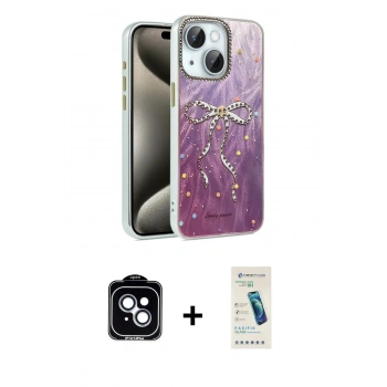 MARSİLYAN™- iPhone 14 Kılıf Zirve Modern Prime - Şeffaf Pasifik Cam Ekran Koruyucu + PVD Metal Kamera Lens - MI