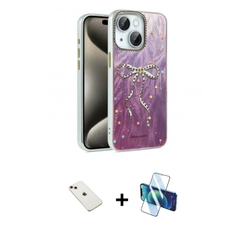 MARSİLYAN™- iPhone 14 Kılıf Zirve Modern Prime - Siyah 3D Antistatik Cam Ekran Koruyucu + Diamond Kamera Lens - KI