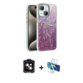 MARSİLYAN™- iPhone 14 Kılıf Zirve Modern Prime - Siyah 3D Antistatik Cam Ekran Koruyucu + PVD Metal Kamera Lens - TU