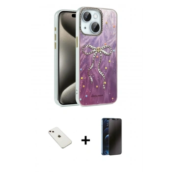 MARSİLYAN™- iPhone 14 Kılıf Zirve Modern Prime - Siyah 3D Antistatik Hayalet Cam Ekran Koruyucu + Diamond Kamera Lens - PE
