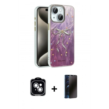 MARSİLYAN™- iPhone 14 Kılıf Zirve Modern Prime - Siyah 3D Antistatik Hayalet Cam Ekran Koruyucu + PVD Metal Kamera Lens - GS