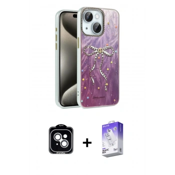 MARSİLYAN™- iPhone 14 Kılıf Zirve Modern Prime - Siyah Bilvis 5in1 3D Magic Cam Ekran Koruyucu + PVD Metal Kamera Lens - GS