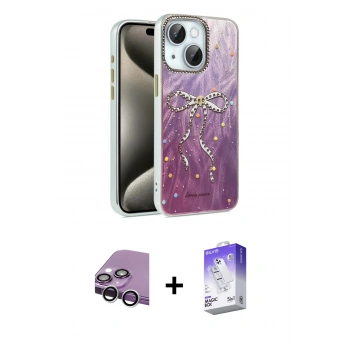 MARSİLYAN™- iPhone 14 Kılıf Zirve Modern Prime - Siyah Bilvis 5in1 3D Magic Cam Ekran Koruyucu + Raze Metal Kamera Lens - GS