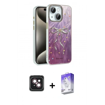 MARSİLYAN™- iPhone 14 Kılıf Zirve Modern Prime - Siyah Bilvis 5in1 3D Magic Cam Ekran Koruyucu + PVD Metal Kamera Lens - PE