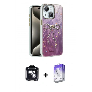 MARSİLYAN™- iPhone 14 Kılıf Zirve Modern Prime - Siyah Bilvis 5in1 3D Magic Cam Ekran Koruyucu + PVD Metal Kamera Lens - SH
