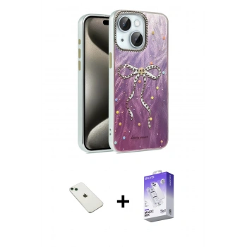 MARSİLYAN™- iPhone 14 Kılıf Zirve Modern Prime - Siyah Bilvis 5in1 3D Magic Cam Ekran Koruyucu + Diamond Kamera Lens - YL