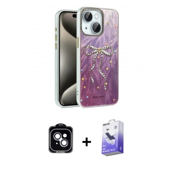 MARSİLYAN™- iPhone 14 Kılıf Zirve Modern Prime - Siyah Bilvis 5in1 5D Magic Hayalet Cam Ekran Koruyucu + PVD Metal Kamera Lens - MI