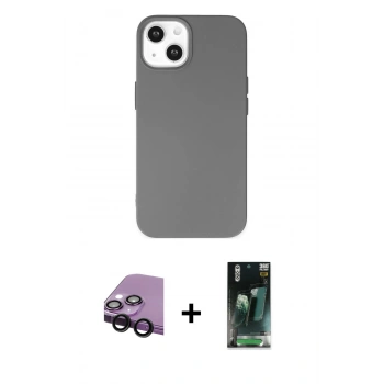 MARSİLYAN™- iPhone 14 Plus Kılıf Ahenk Serisi - Siyah 360 Mat Full Body Arka Koruyucu + Raze Metal Kamera Lens - SH
