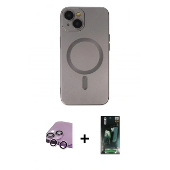 MARSİLYAN™- iPhone 14 Plus Kılıf Akış Minimal Özel Seri - Siyah 360 Mat Full Body Arka Koruyucu + Raze Metal Kamera Lens - MR