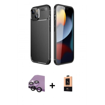 MARSİLYAN™- iPhone 14 Plus Kılıf Eksen Form Prime - Şeffaf Maxco Cam Ekran Koruyucu + Raze Metal Kamera Lens - SH