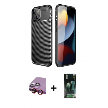 MARSİLYAN™- iPhone 14 Plus Kılıf Eksen Form Prime - Siyah 360 Mat Full Body Arka Koruyucu + Raze Metal Kamera Lens - KI