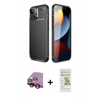 MARSİLYAN™- iPhone 14 Plus Kılıf Eksen Form Prime - Siyah Mat Seramik Nano Ekran Koruyucu + Raze Metal Kamera Lens - KI