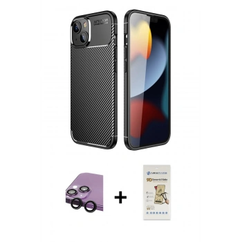 MARSİLYAN™- iPhone 14 Plus Kılıf Eksen Form Prime - Siyah Mat Seramik Nano Ekran Koruyucu + Raze Metal Kamera Lens - SH