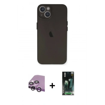 MARSİLYAN™- iPhone 14 Plus Kılıf Yadigar Yansıma Serisi - Siyah 360 Mat Full Body Arka Koruyucu + Raze Metal Kamera Lens - MR