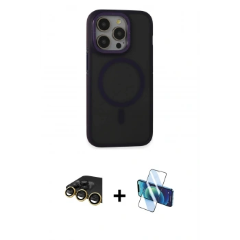 MARSİLYAN™- iPhone 14 Pro Kılıf Ahenk Form Serisi - Siyah 3D Antistatik Cam Ekran Koruyucu + Raze Metal Kamera Lens - GD