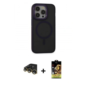 MARSİLYAN™- iPhone 14 Pro Kılıf Ahenk Form Serisi - Siyah Buffer Cam Ekran Koruyucu + Raze Metal Kamera Lens - GD