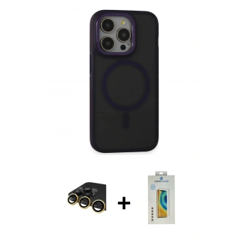 MARSİLYAN™- iPhone 14 Pro Kılıf Ahenk Form Serisi - Siyah Polymer Nano Ekran Koruyucu + Raze Metal Kamera Lens - GD