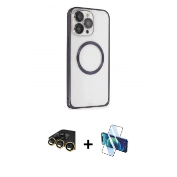 MARSİLYAN™- iPhone 14 Pro Kılıf Ahenk Işık Serisi - Siyah 3D Antistatik Cam Ekran Koruyucu + Raze Metal Kamera Lens - GD