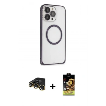 MARSİLYAN™- iPhone 14 Pro Kılıf Ahenk Işık Serisi - Siyah Buffer Cam Ekran Koruyucu + Raze Metal Kamera Lens - GD
