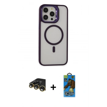 MARSİLYAN™- iPhone 14 Pro Kılıf Ahenk Klasik Özel Seri - Siyah 18D Cam Ekran Koruyucu + Raze Metal Kamera Lens - GD