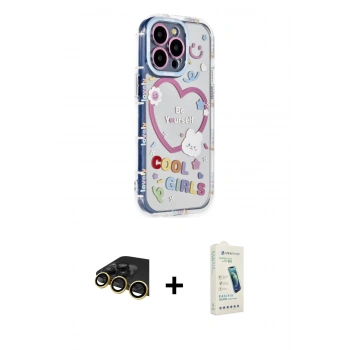 MARSİLYAN™- iPhone 14 Pro Kılıf Ahenk Modern Serisi - Şeffaf Pasifik Cam Ekran Koruyucu + Raze Metal Kamera Lens - GD