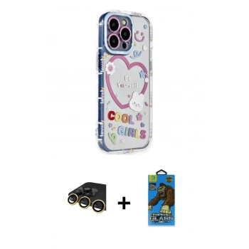 MARSİLYAN™- iPhone 14 Pro Kılıf Ahenk Modern Serisi - Siyah 18D Cam Ekran Koruyucu + Raze Metal Kamera Lens - GD