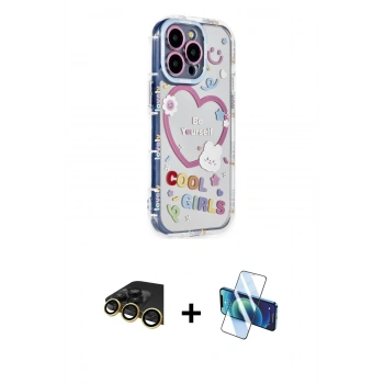 MARSİLYAN™- iPhone 14 Pro Kılıf Ahenk Modern Serisi - Siyah 3D Antistatik Cam Ekran Koruyucu + Raze Metal Kamera Lens - GD