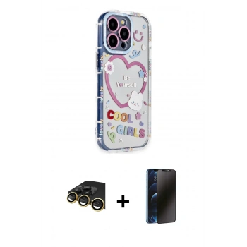 MARSİLYAN™- iPhone 14 Pro Kılıf Ahenk Modern Serisi - Siyah 3D Antistatik Hayalet Cam Ekran Koruyucu + Raze Metal Kamera Lens - GD