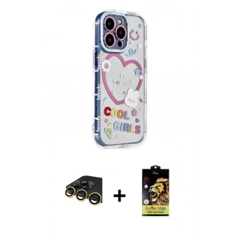 MARSİLYAN™- iPhone 14 Pro Kılıf Ahenk Modern Serisi - Siyah Buffer Cam Ekran Koruyucu + Raze Metal Kamera Lens - GD
