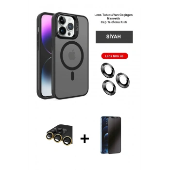 MARSİLYAN™- iPhone 14 Pro Kılıf Akış Form - Siyah 3D Antistatik Hayalet Cam Ekran Koruyucu + Raze Metal Kamera Lens - GD