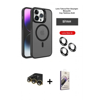 MARSİLYAN™- iPhone 14 Pro Kılıf Akış Form - Siyah Bilvis 3D Mat Cam Ekran Koruyucu + Raze Metal Kamera Lens - GD