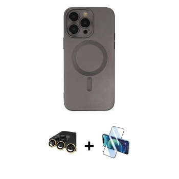 MARSİLYAN™- iPhone 14 Pro Kılıf Akış Minimal Özel Seri - Siyah 3D Antistatik Cam Ekran Koruyucu + Raze Metal Kamera Lens - GD