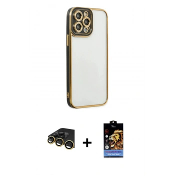 MARSİLYAN™- iPhone 14 Pro Kılıf Çekirdek Klasik Serisi - Siyah Buffer Hayalet Cam Ekran Koruyucu + Raze Metal Kamera Lens - GD