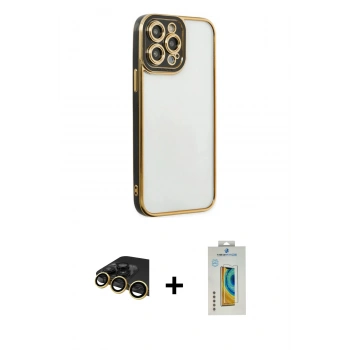 MARSİLYAN™- iPhone 14 Pro Kılıf Çekirdek Klasik Serisi - Siyah Polymer Nano Ekran Koruyucu + Raze Metal Kamera Lens - GD