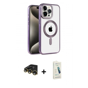 MARSİLYAN™- iPhone 14 Pro Kılıf Eksen Form Koleksiyonu - Şeffaf Pasifik Cam Ekran Koruyucu + Raze Metal Kamera Lens - GD