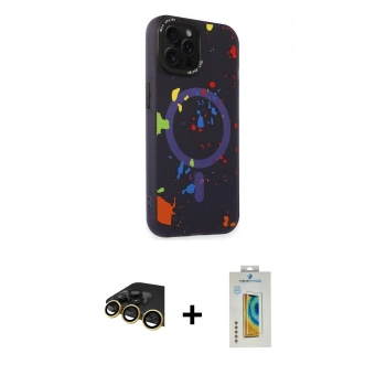 MARSİLYAN™- iPhone 14 Pro Kılıf Kozmos Doku - Siyah Polymer Nano Ekran Koruyucu + Raze Metal Kamera Lens - GD