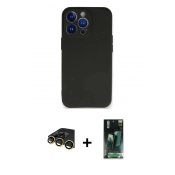 MARSİLYAN™- iPhone 14 Pro Kılıf Kozmos Yansıma Özel Seri - Siyah 360 Mat Full Body Arka Koruyucu + Raze Metal Kamera Lens - GD