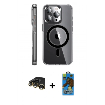 MARSİLYAN™- iPhone 14 Pro Kılıf Nova Doku - Siyah 18D Cam Ekran Koruyucu + Raze Metal Kamera Lens - GD