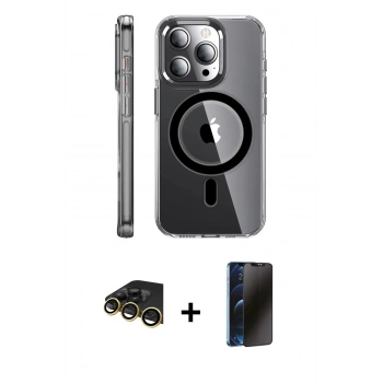 MARSİLYAN™- iPhone 14 Pro Kılıf Nova Doku - Siyah 3D Antistatik Hayalet Cam Ekran Koruyucu + Raze Metal Kamera Lens - GD