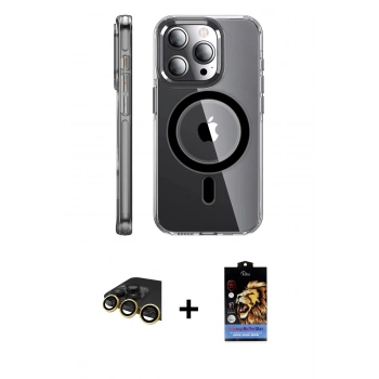 MARSİLYAN™- iPhone 14 Pro Kılıf Nova Doku - Siyah Buffer Hayalet Cam Ekran Koruyucu + Raze Metal Kamera Lens - GD