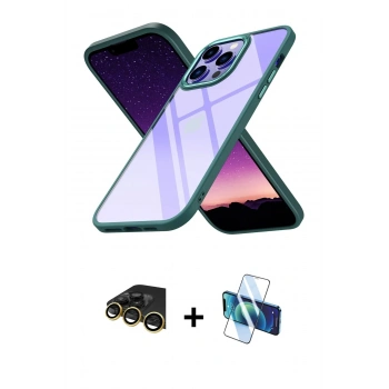 MARSİLYAN™- iPhone 14 Pro Kılıf Nova Işık Serisi - Siyah 3D Antistatik Cam Ekran Koruyucu + Raze Metal Kamera Lens - GD