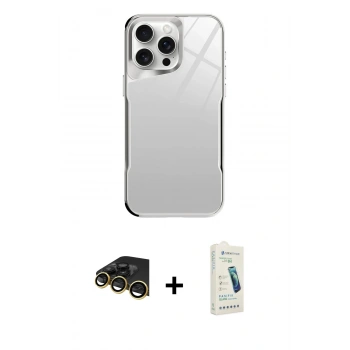 MARSİLYAN™- iPhone 14 Pro Kılıf Odak Doku - Şeffaf Pasifik Cam Ekran Koruyucu + Raze Metal Kamera Lens - GD