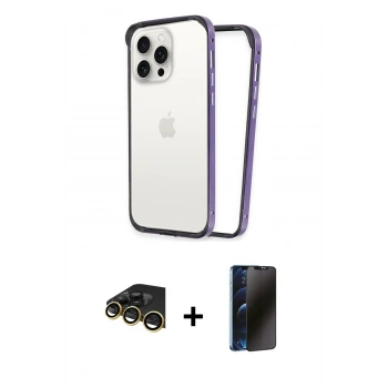 MARSİLYAN™- iPhone 14 Pro Kılıf Pusula Asil Koleksiyonu - Siyah 3D Antistatik Hayalet Cam Ekran Koruyucu + Raze Metal Kamera Lens - GD