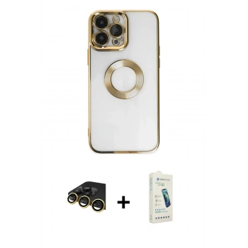 MARSİLYAN™- iPhone 14 Pro Kılıf Pusula Form - Şeffaf Pasifik Cam Ekran Koruyucu + Raze Metal Kamera Lens - GD