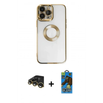 MARSİLYAN™- iPhone 14 Pro Kılıf Pusula Form - Siyah 18D Cam Ekran Koruyucu + Raze Metal Kamera Lens - GD